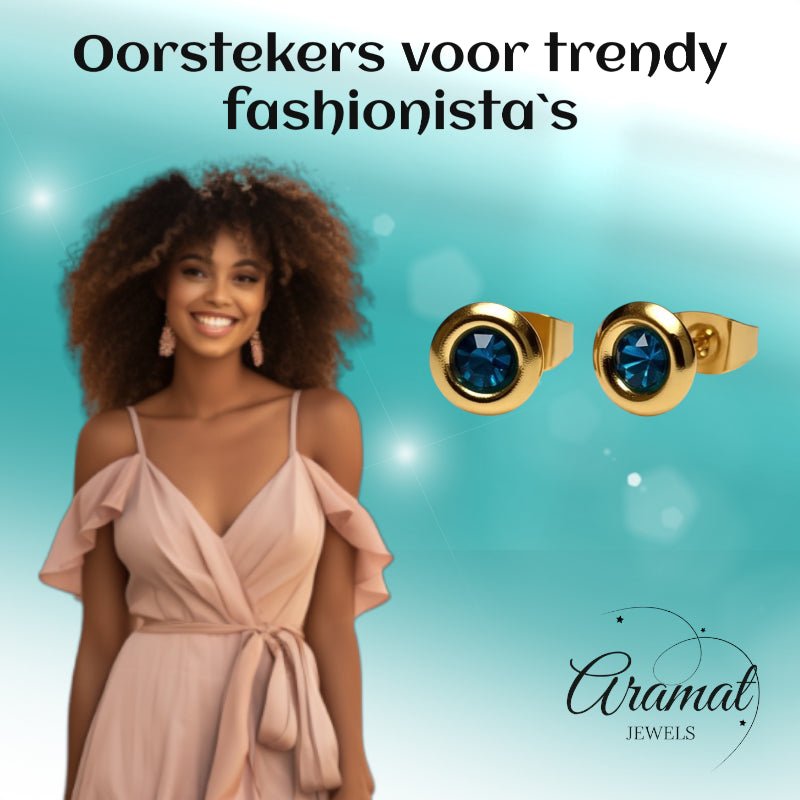 Oorbellen – Staal Zeegroene Kristal Goudkleurig (8mm) - Aramat Jewels - Oorbellen - cadeautip
