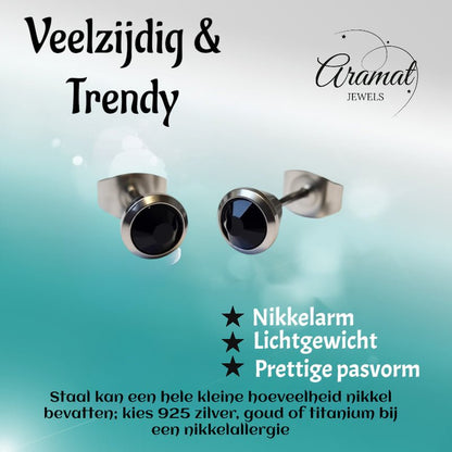 Oorbellen – Staal Zwarte Kristal Zilverkleurig (6mm) - Aramat Jewels - Oorbellen - cadeautip