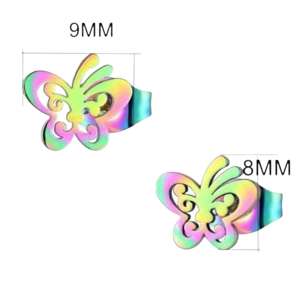 Boucles d'oreilles papillon à clous en acier multicolore – 8 x 9 mm ouvertes