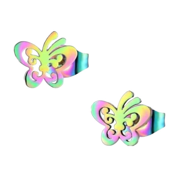 Boucles d'oreilles papillon à clous en acier multicolore – 8 x 9 mm ouvertes