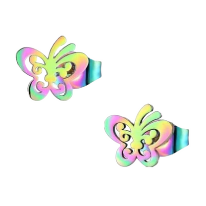 Boucles d'oreilles papillon à clous en acier multicolore – 8 x 9 mm ouvertes