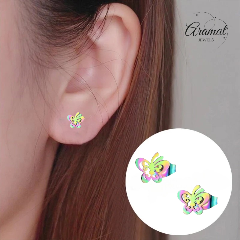 Boucles d'oreilles papillon à clous en acier multicolore – 8 x 9 mm ouvertes