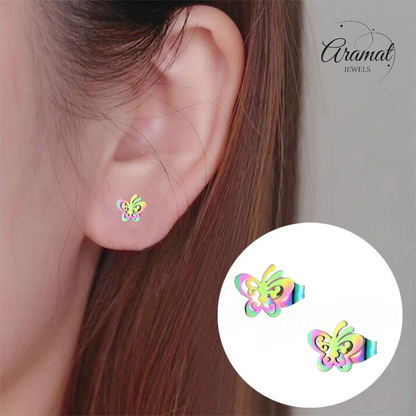 Boucles d'oreilles papillon à clous en acier multicolore – 8 x 9 mm ouvertes