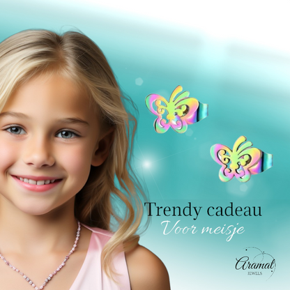 Boucles d'oreilles papillon à clous en acier multicolore – 8 x 9 mm ouvertes