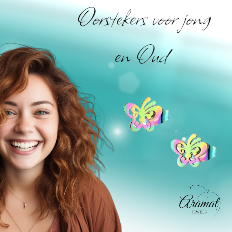 Boucles d'oreilles papillon à clous en acier multicolore – 8 x 9 mm ouvertes