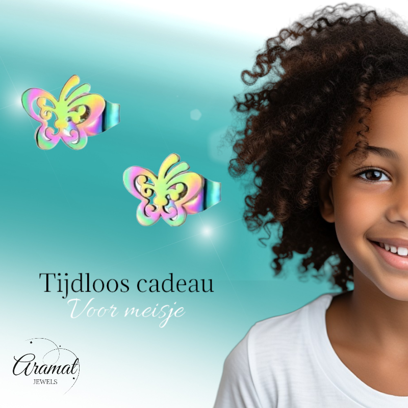 Boucles d'oreilles papillon à clous en acier multicolore – 8 x 9 mm ouvertes