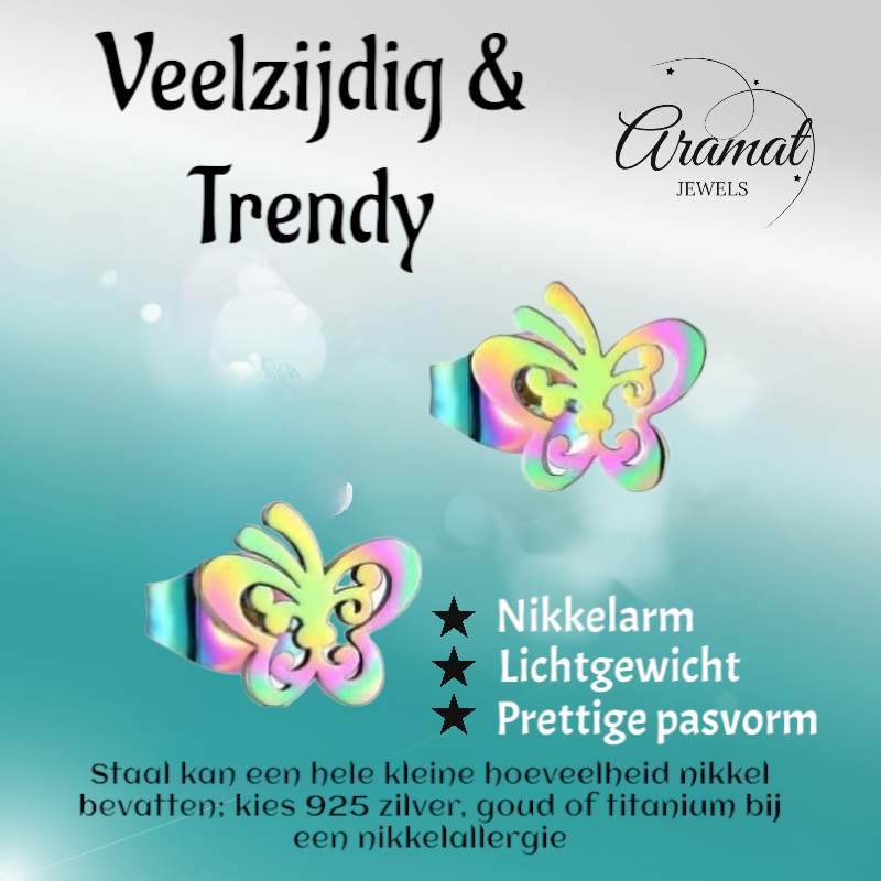 Boucles d'oreilles papillon à clous en acier multicolore – 8 x 9 mm ouvertes