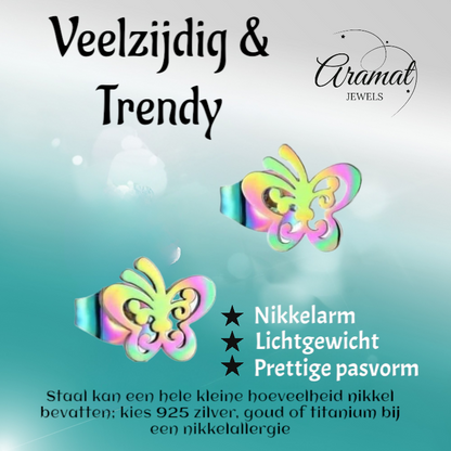 Boucles d'oreilles papillon à clous en acier multicolore – 8 x 9 mm ouvertes