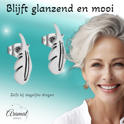 Boucles d'oreilles en acier, motif plumes, couleur argent – ​​9 x 3 mm