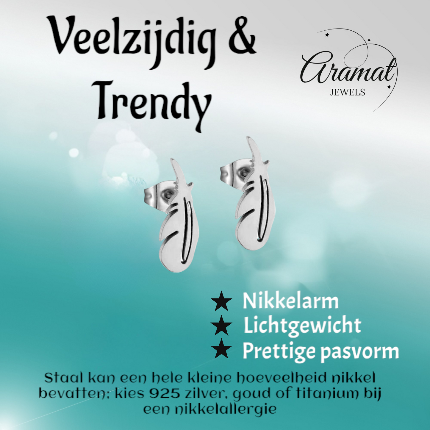 Boucles d'oreilles en acier, motif plumes, couleur argent – ​​9 x 3 mm