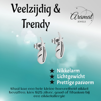 Boucles d'oreilles en acier, motif plumes, couleur argent – ​​9 x 3 mm