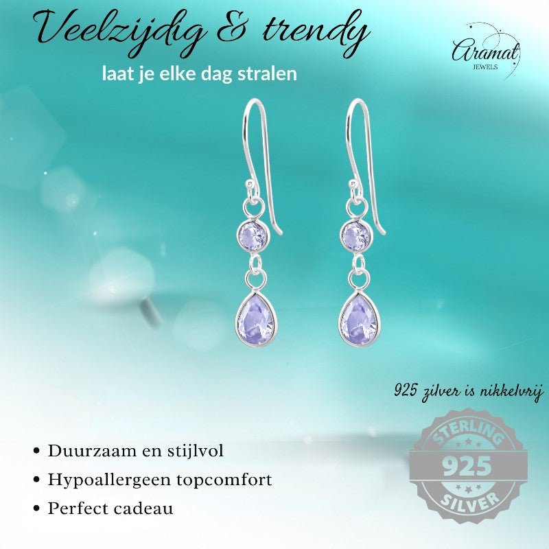 Oorhangers 925 Zilver Rond - Druppel lila Zirkonia - oor5514 - 23314 - Oorhangers kopen# - 16mm - 6mm