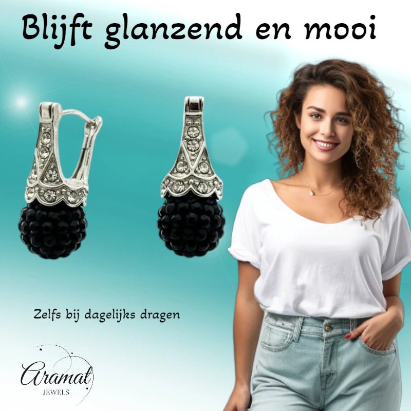 Oorhangers – Zwarte Kristal Bol met Transparante Kristallen RVS Dames - Aramat Jewels - Oorbellen - cadeautip