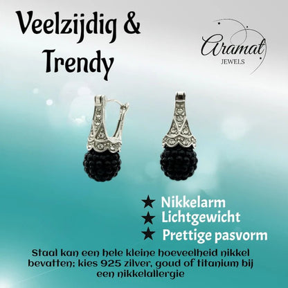 Oorhangers – Zwarte Kristal Bol met Transparante Kristallen RVS Dames - Aramat Jewels - Oorbellen - cadeautip