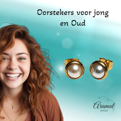 Oorknopjes – Parel Wit Goudkleurig (8mm) - Aramat Jewels - Oorbellen - cadeautip