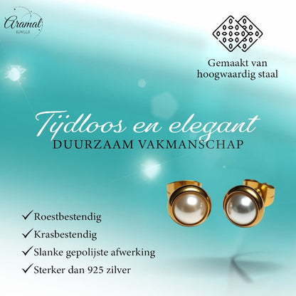 Oorknopjes – Parel Wit Goudkleurig (8mm) - Aramat Jewels - Oorbellen - cadeautip