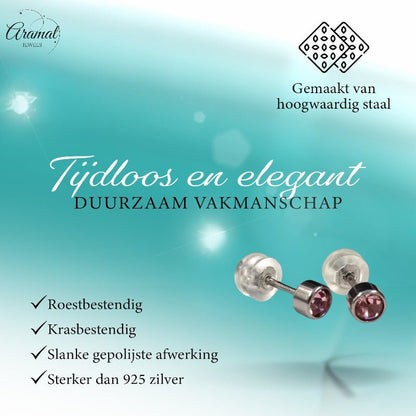 Oorknopjes – RVS 4mm met Roze Zirkonia - Aramat Jewels - Oorbellen - cadeautip