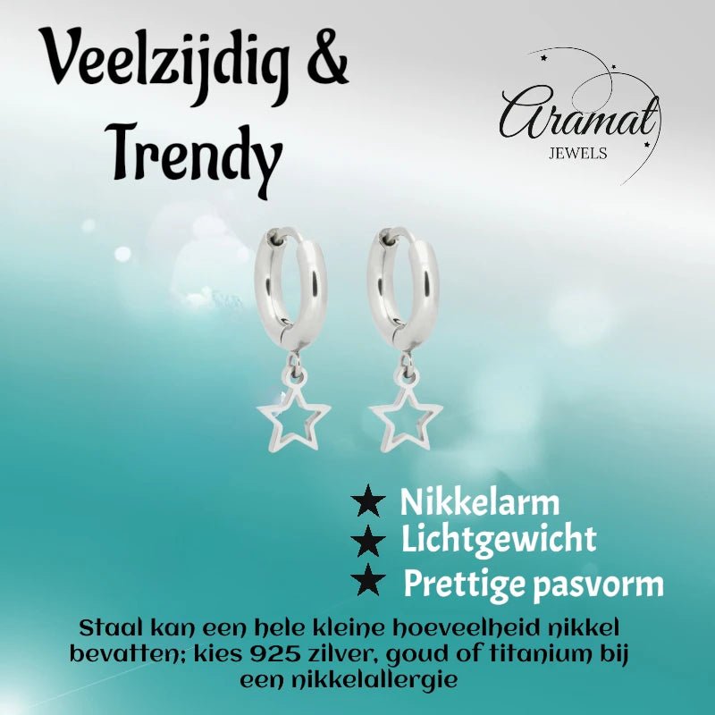 Oorringen – 10mm Mini Creolen met Open Ster Bedel RVS Zilverkleur Unisex - Aramat Jewels - Oorringen - cadeautip