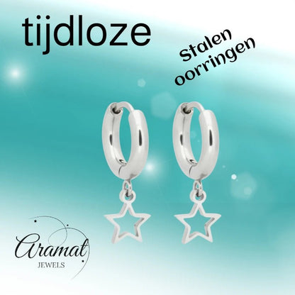 Oorringen – 10mm Mini Creolen met Open Ster Bedel RVS Zilverkleur Unisex - Aramat Jewels - Oorringen - cadeautip