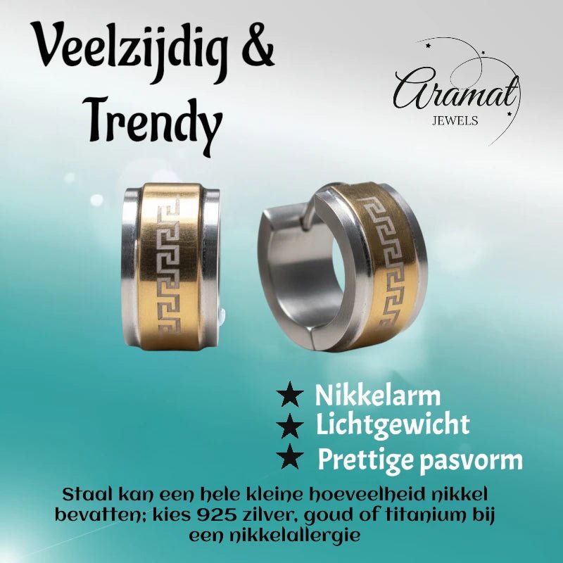 Oorringen – 13mm Mini Creool Grieks Motief RVS Bicolor Unisex - Aramat Jewels - Oorringen - cadeautip