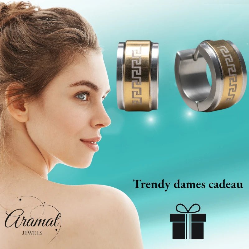 Oorringen – 13mm Mini Creool Grieks Motief RVS Bicolor Unisex - Aramat Jewels - Oorringen - cadeautip