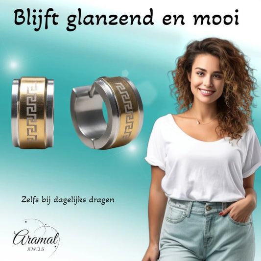 Oorringen – 13mm Mini Creool Grieks Motief RVS Bicolor Unisex - Aramat Jewels - Oorringen - cadeautip