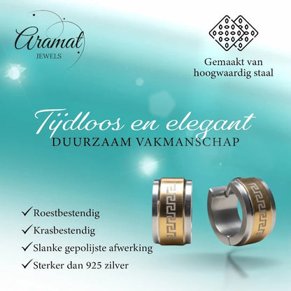 Oorringen – 13mm Mini Creool Grieks Motief RVS Bicolor Unisex - Aramat Jewels - Oorringen - cadeautip