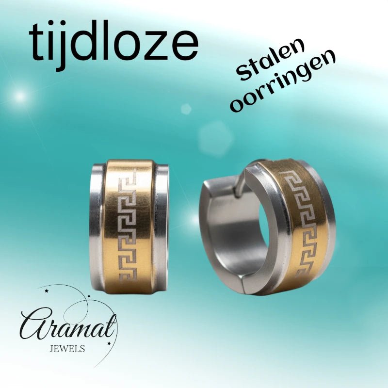 Oorringen – 13mm Mini Creool Grieks Motief RVS Bicolor Unisex - Aramat Jewels - Oorringen - cadeautip
