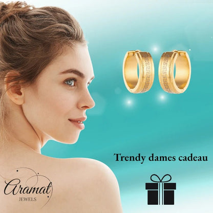 Oorringen – 13mm Mini Creool Grieks Motief RVS Goudkleur Unisex - Aramat Jewels - Oorringen - cadeautip