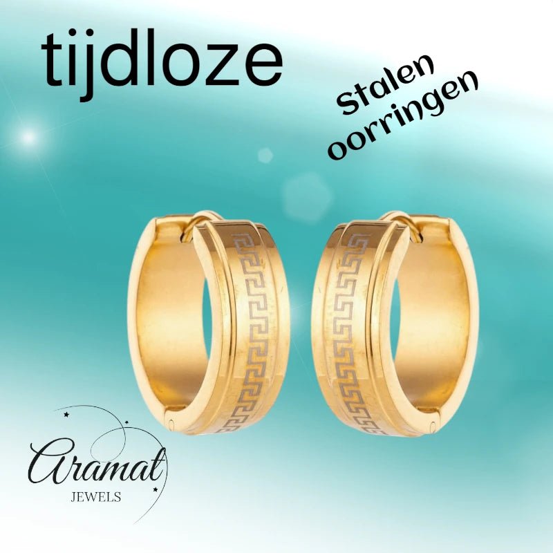 Oorringen – 13mm Mini Creool Grieks Motief RVS Goudkleur Unisex - Aramat Jewels - Oorringen - cadeautip