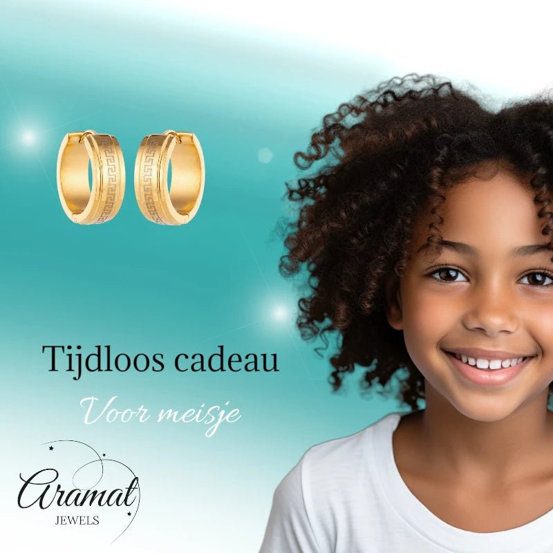 Oorringen – 13mm Mini Creool Grieks Motief RVS Goudkleur Unisex - Aramat Jewels - Oorringen - cadeautip