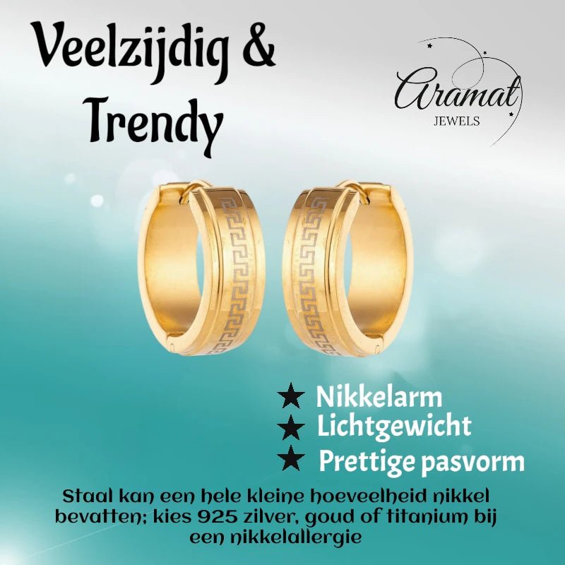 Oorringen – 13mm Mini Creool Grieks Motief RVS Goudkleur Unisex - Aramat Jewels - Oorringen - cadeautip