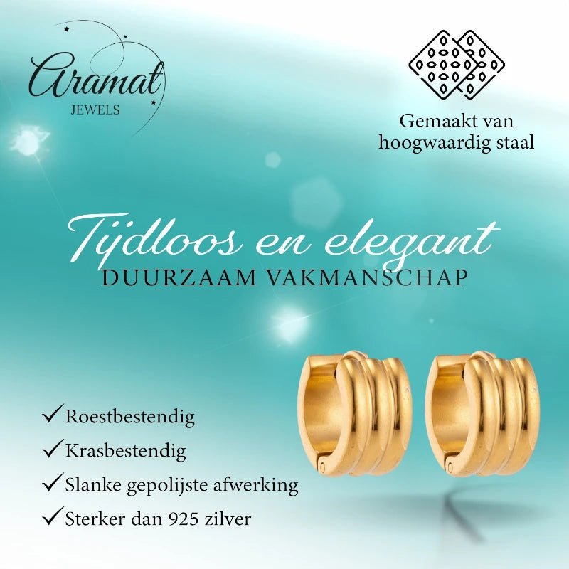Oorringen – 13mm Mini Creool Streepdesign RVS Goudkleur Unisex - Aramat Jewels - Oorringen - cadeautip