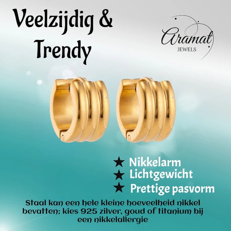 Oorringen – 13mm Mini Creool Streepdesign RVS Goudkleur Unisex - Aramat Jewels - Oorringen - cadeautip