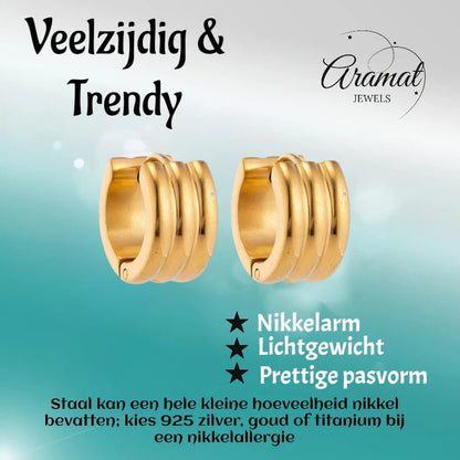 Oorringen – 13mm Mini Creool Streepdesign RVS Goudkleur Unisex - Aramat Jewels - Oorringen - cadeautip