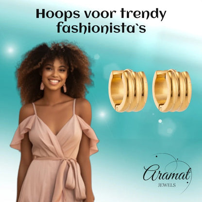 Oorringen – 13mm Mini Creool Streepdesign RVS Goudkleur Unisex - Aramat Jewels - Oorringen - cadeautip