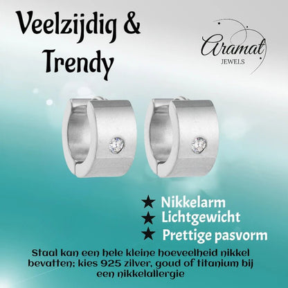 Oorringen – 13mm Mini Creool Zirkonia Accent RVS Zilverkleur Unisex - Aramat Jewels - Oorringen - cadeautip