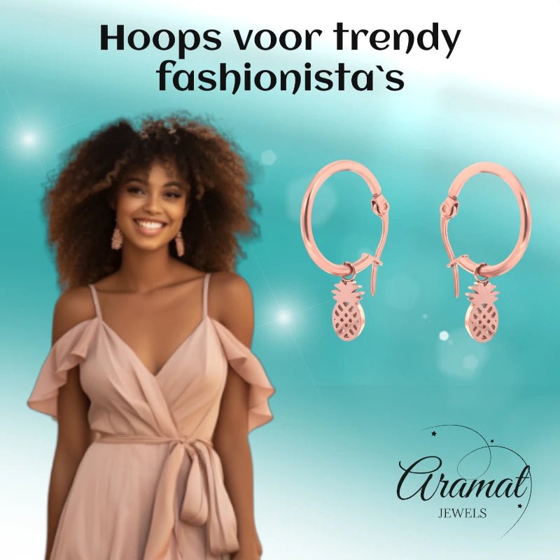 Oorringen – 16mm Creolen met Ananas Bedel RVS Rosékleur Dames - Aramat Jewels - Oorringen - cadeautip