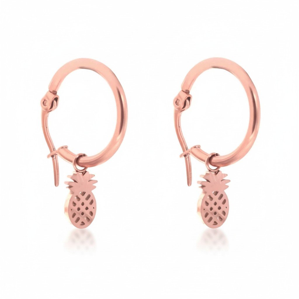 Oorringen – 16mm Creolen met Ananas Bedel RVS Rosékleur Dames - Aramat Jewels - Oorringen - cadeautip