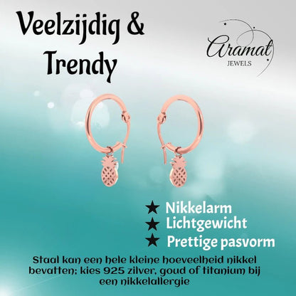 Oorringen – 16mm Creolen met Ananas Bedel RVS Rosékleur Dames - Aramat Jewels - Oorringen - cadeautip