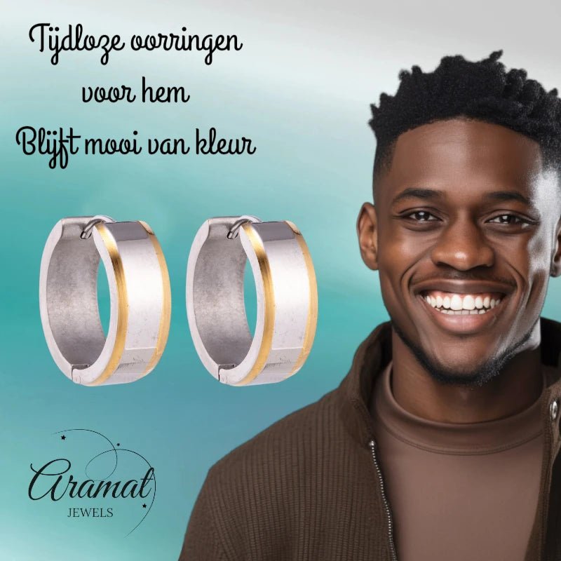 Oorringen – 20mm Bicolor Streep RVS Zilver/Goudkleur Unisex - Aramat Jewels - Oorringen - cadeautip