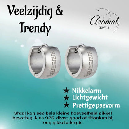 Oorringen – 20mm Creolen Grieks Motief Gelaserd RVS Zilverkleur Unisex - Aramat Jewels - Oorringen - cadeautip