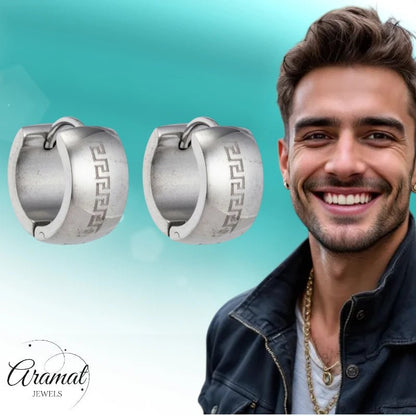 Oorringen – 20mm Creolen Grieks Motief Gelaserd RVS Zilverkleur Unisex - Aramat Jewels - Oorringen - cadeautip