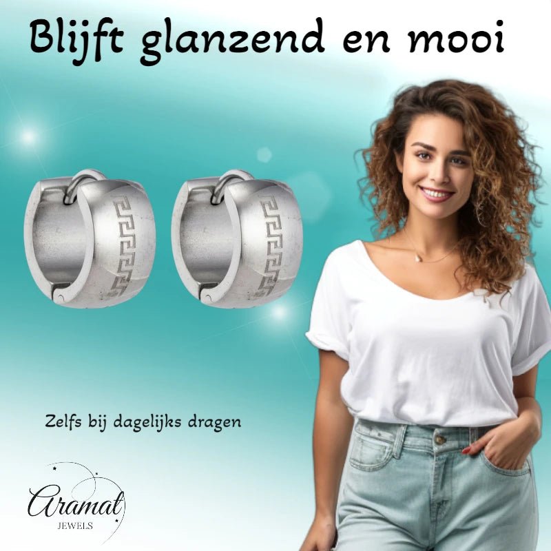 Oorringen – 20mm Creolen Grieks Motief Gelaserd RVS Zilverkleur Unisex - Aramat Jewels - Oorringen - cadeautip