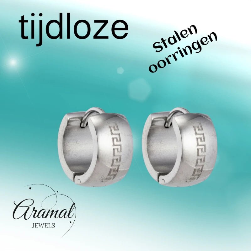 Oorringen – 20mm Creolen Grieks Motief Gelaserd RVS Zilverkleur Unisex - Aramat Jewels - Oorringen - cadeautip