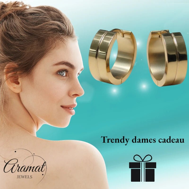 Oorringen – 20mm Creolen met Smalle Lijn RVS Goudkleur Unisex - Aramat Jewels - Oorringen - cadeautip