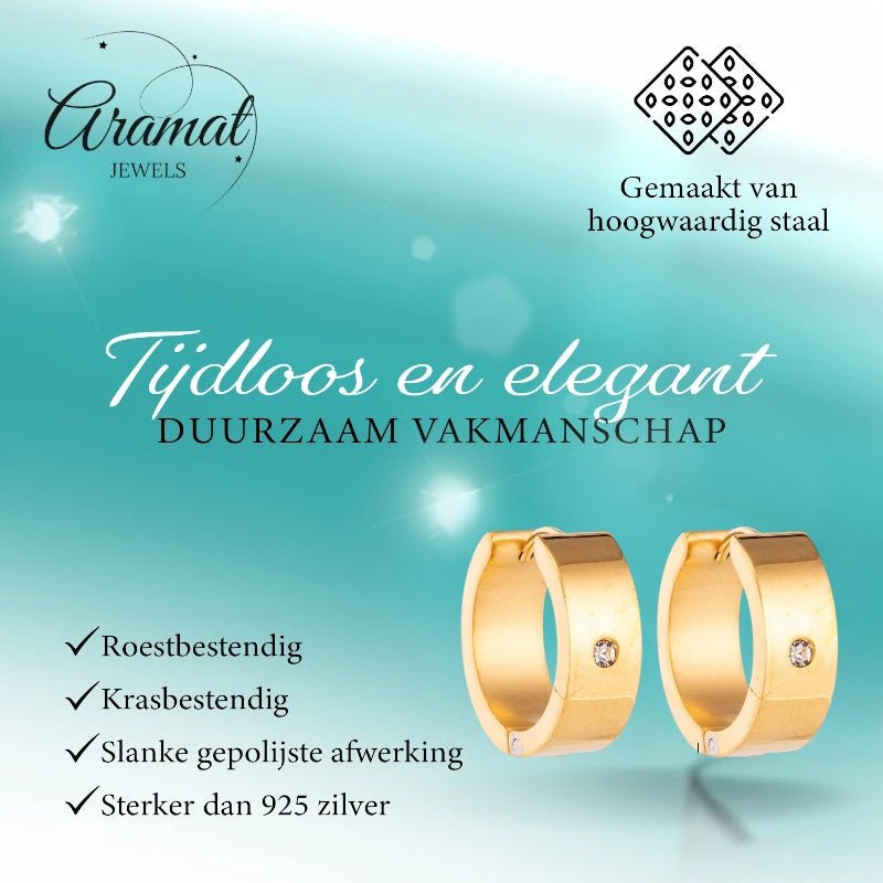 Oorringen – 20mm Glanzende Huggie Creool met Zirkonia RVS Goudkleur - Aramat Jewels - Oorringen - cadeautip
