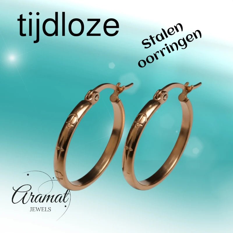 Oorringen – 25mm Creool Anker & Ster Motief RVS Roségoudkleur Dames - Aramat Jewels - Oorbellen - cadeautip