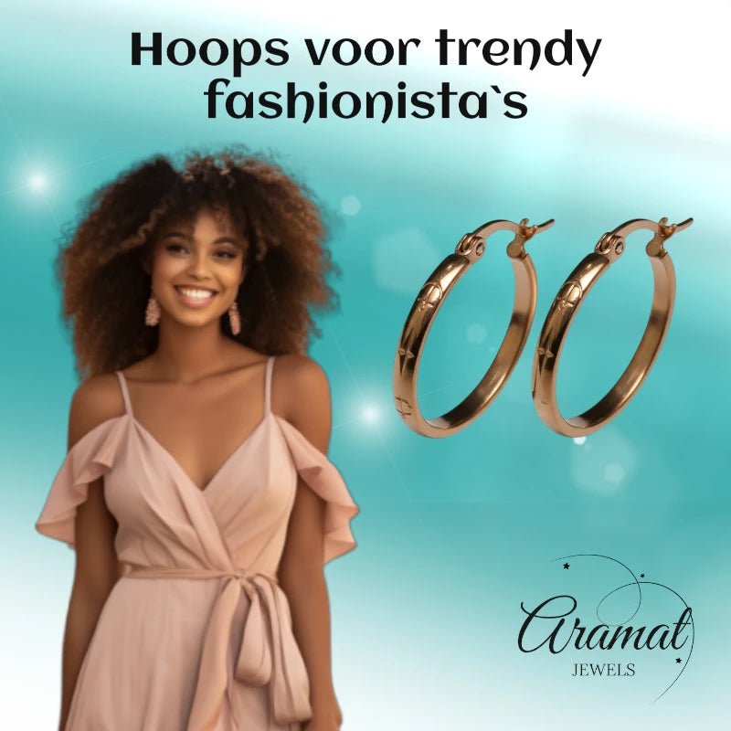 Oorringen – 25mm Creool Anker & Ster Motief RVS Roségoudkleur Dames - Aramat Jewels - Oorbellen - cadeautip