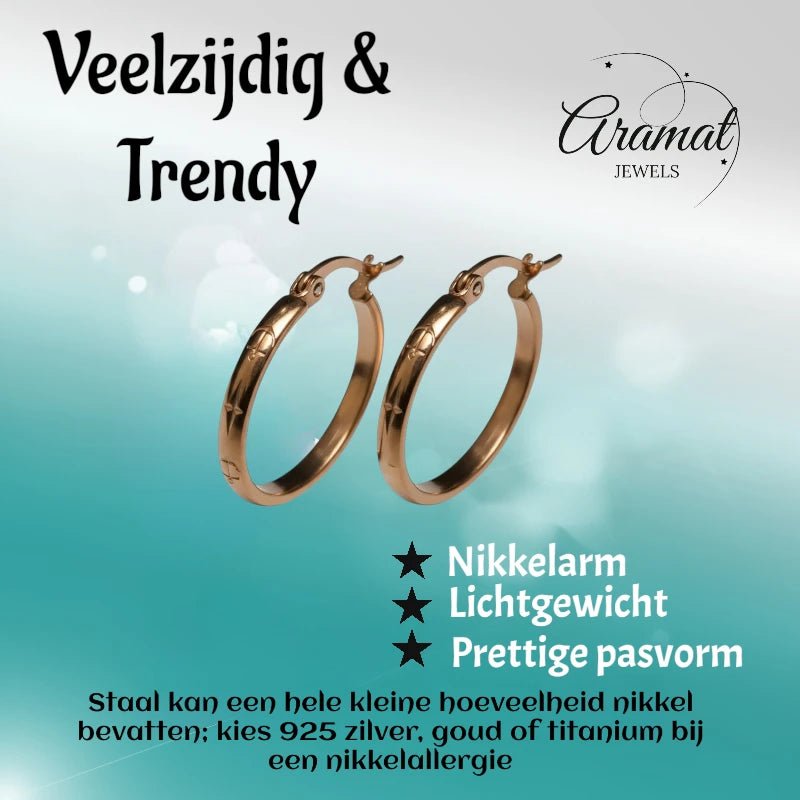 Oorringen – 25mm Creool Anker & Ster Motief RVS Roségoudkleur Dames - Aramat Jewels - Oorbellen - cadeautip